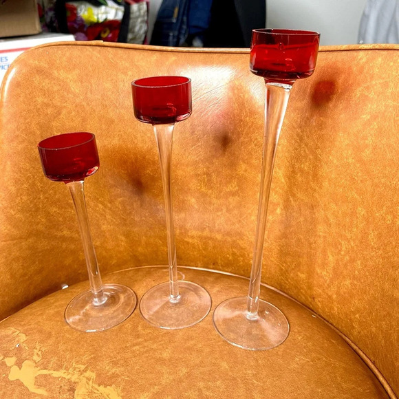 Red Stemmed Glass Tea Light holder Gift Set  7"‎ 9" 10.5” - Picture 6 of 8